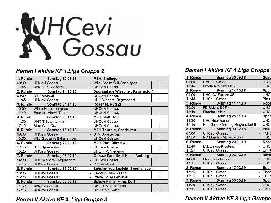 Spielpläne Saison 18/19